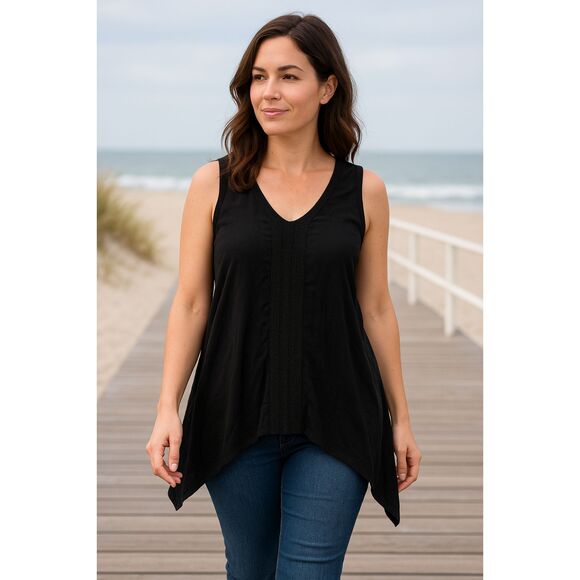 Adrianna Papell Top L Black Slvelss Tank Woven Center Detail Normcore Minimalist - Picture 1 of 8